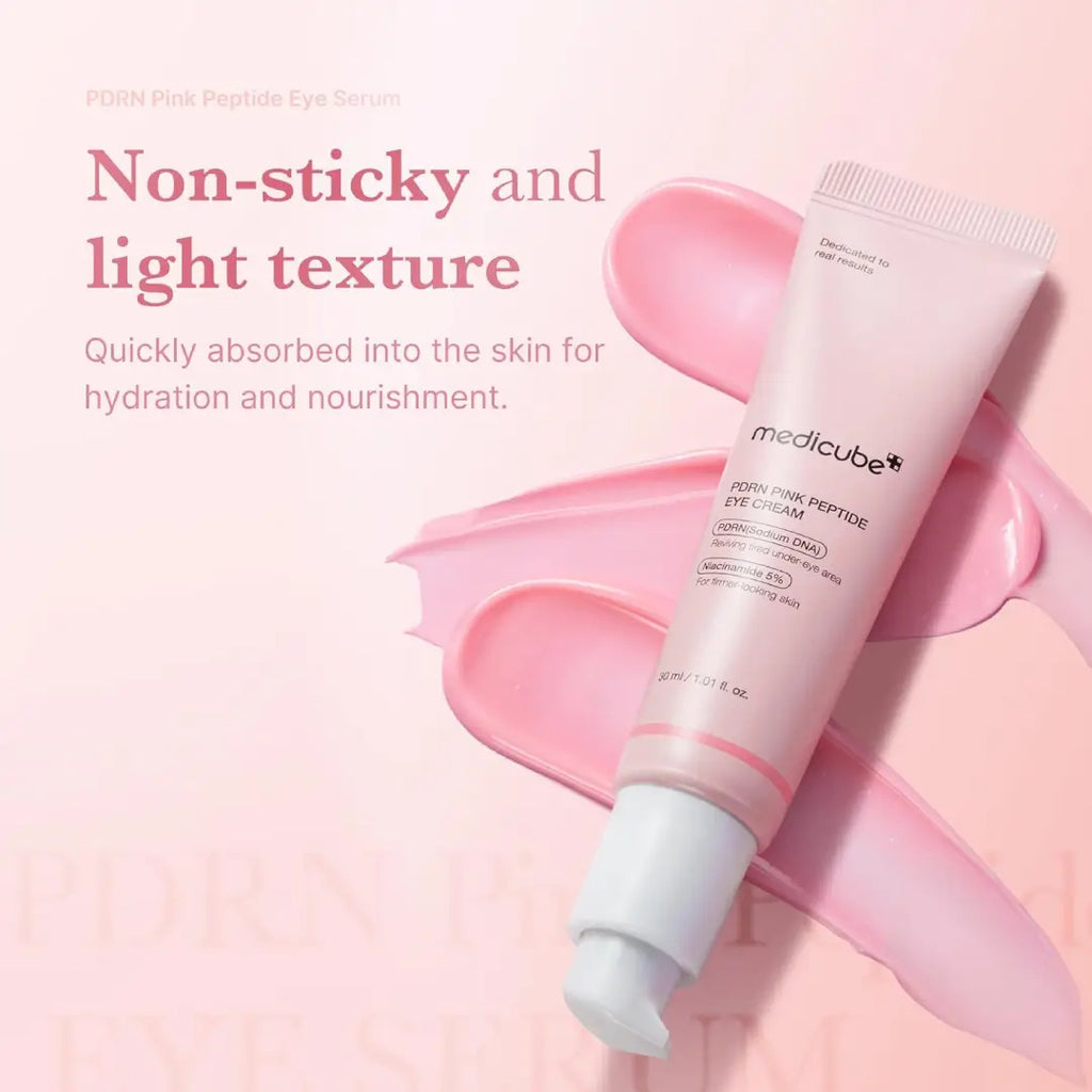 Medicube Salmon DNA PDRN Pink Peptide Eye Cream with multiple product swatches