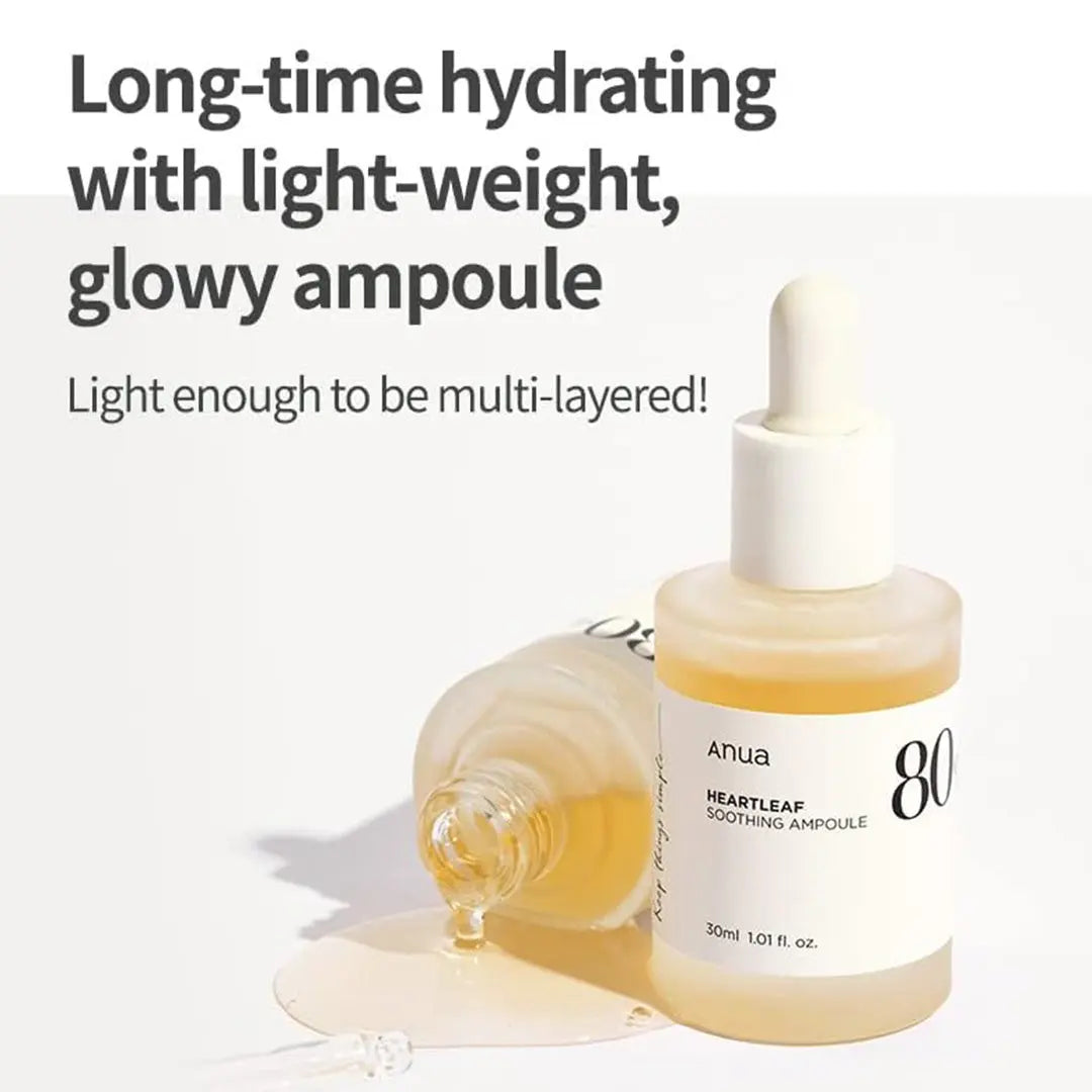 long time hydrating anua soothing ampoule 80% moisturizer with light weight glowy ampoule.
