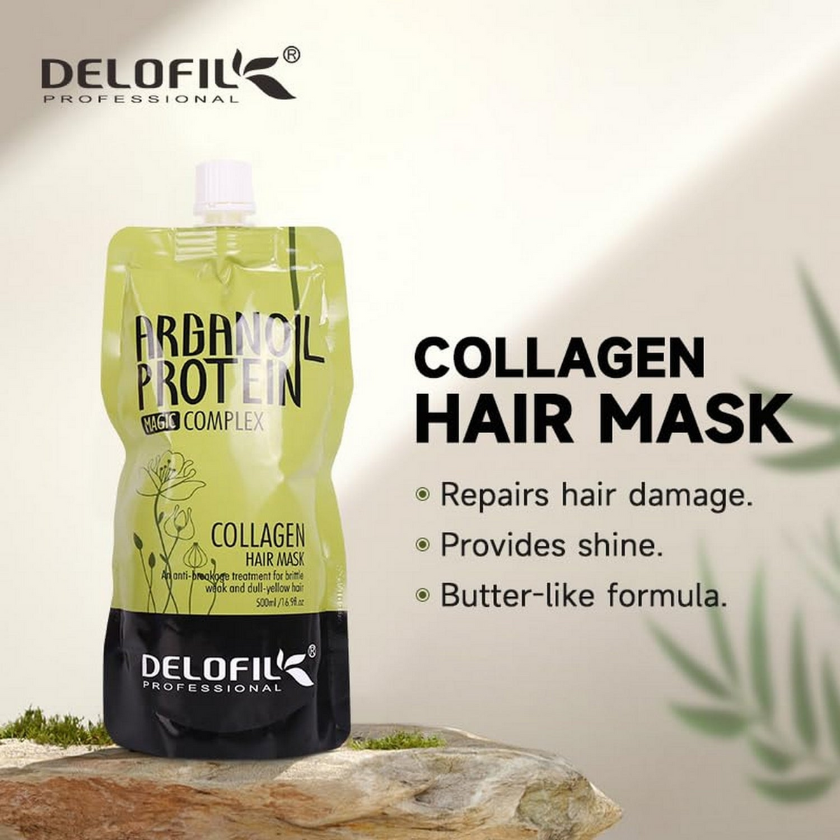 Professionals DELOFIL Collagen Hair Mask 500 mL on stone surface