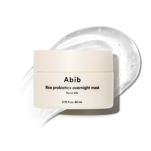 Abib Rice Probiotics Overnight Mask Barrier Jelly 80ml Korean sleeping mask with rice bran ferment, probiotics and hyaluronic acid for overnight hydration, soothing and skin barrier care in UAE.