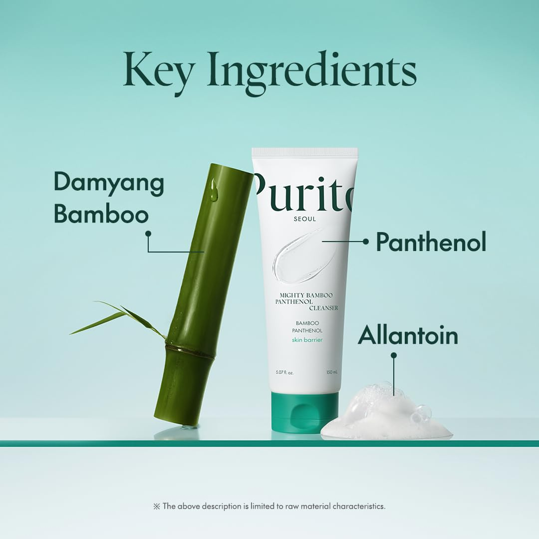 a tube of PURITO Mighty Bamboo Panthenol Cleanser placed with a bamboo plant