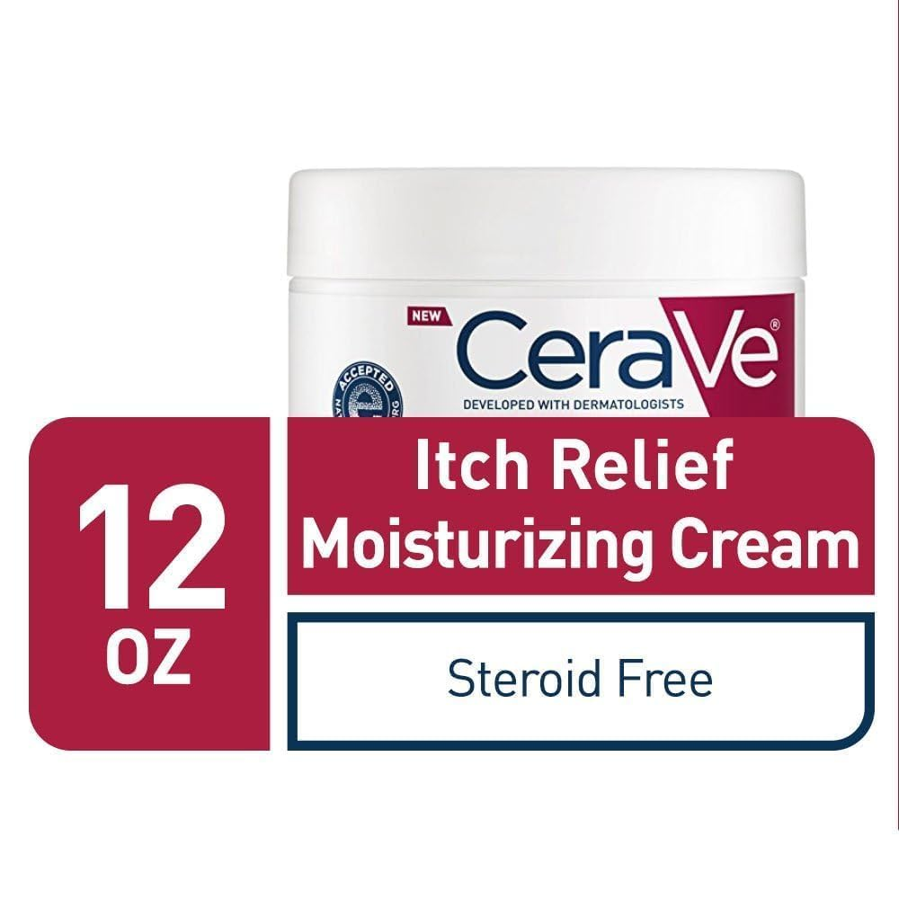 jar with label 'CeraVe Itch Relief Moisturizing Cream Steroid Free'