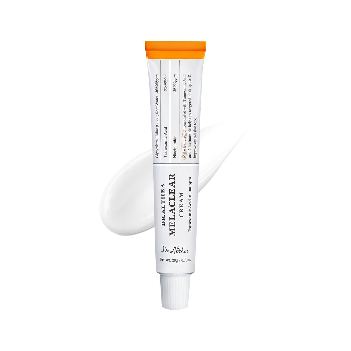 Dr. Althea Melaclear Cream 20g with Tranexamic Acid, Niacinamide, and Licorice Root Water for dark spots, hyperpigmentation, melasma, acne scars, and brighter even-toned skin.