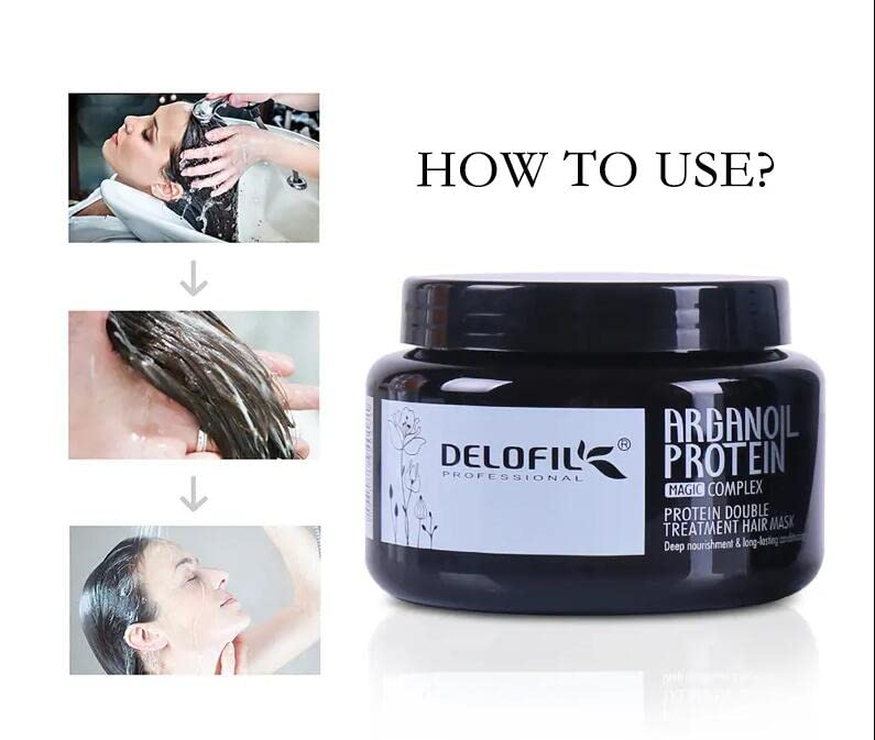instructions to use DELOFIL Protein Argan Oil Hair Mask 