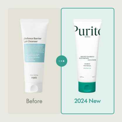 two tubes of PURITO Mighty Bamboo Panthenol Cleanser shows before and 2024 new packaging