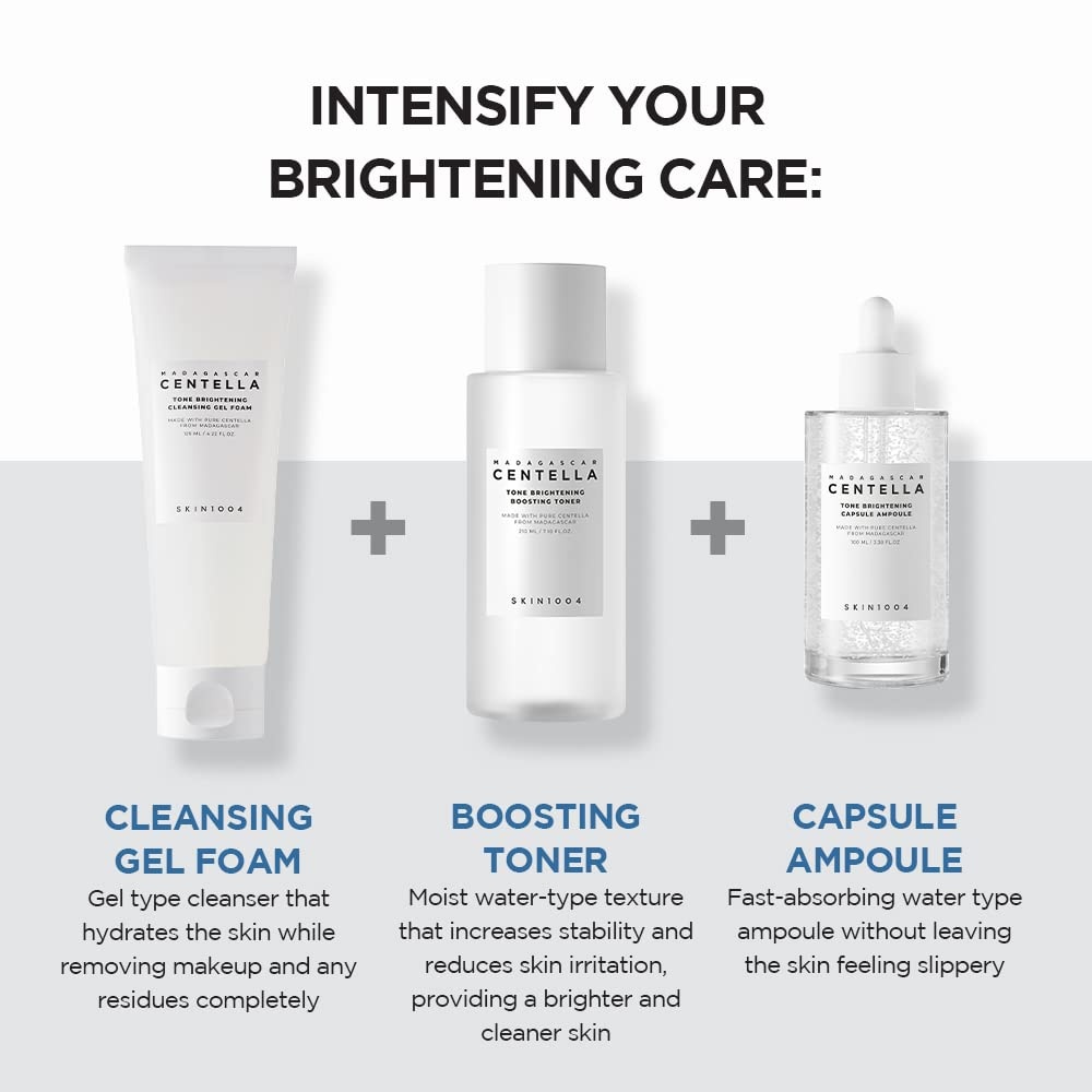 Centella gel foam, toner and capsule placed side-by-side
