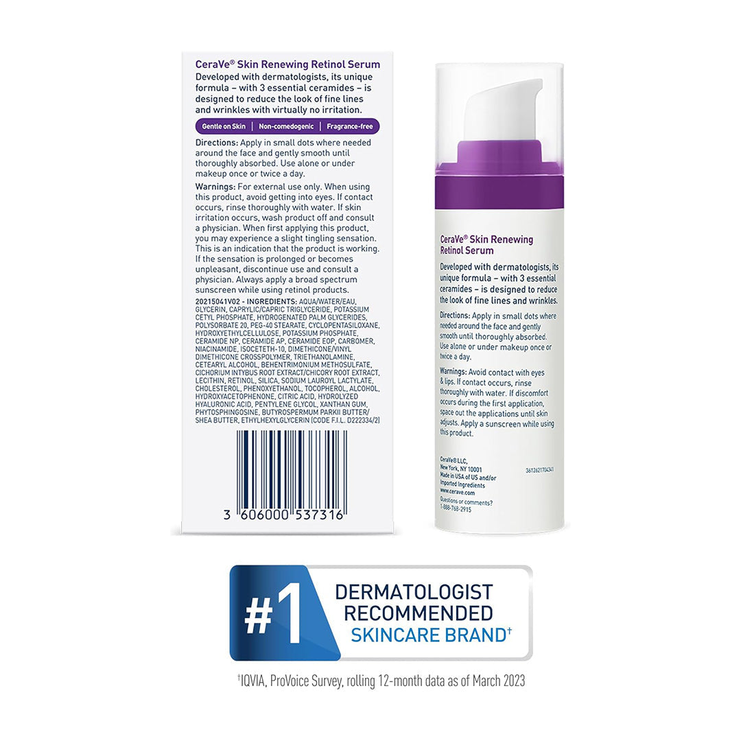 back sides of CeraVe Skin Renewing Retinol Serum bottle and box packaging