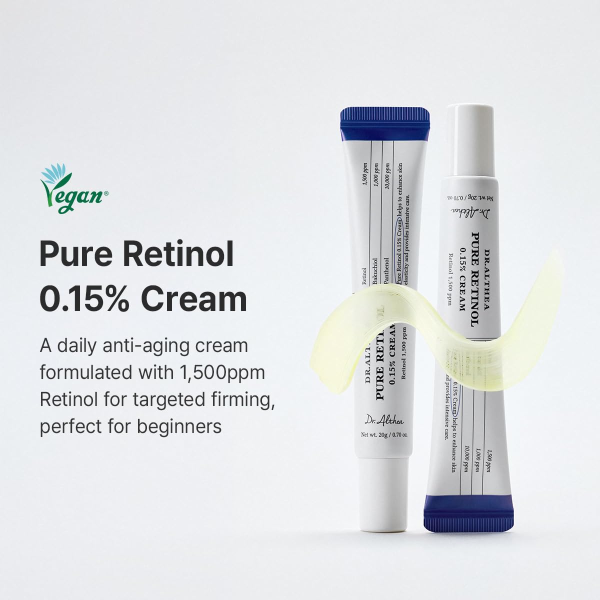 Dr. Althea Pure Retinol 0.15% Cream 20g with Pure Retinol, Bakuchiol, and Panthenol to reduce fine lines, improve skin firmness, and support overnight skin renewal.