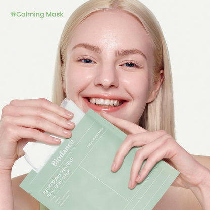 woman holding biodance refreshing sea kelp real deep face mask 