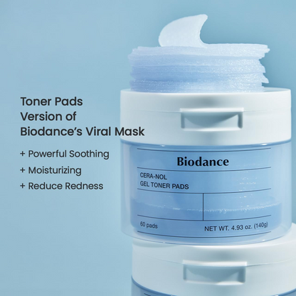 a stack of BIODANCE Cera-nol Gel Toner Pads (60 Pads/140g) placed on top of the container