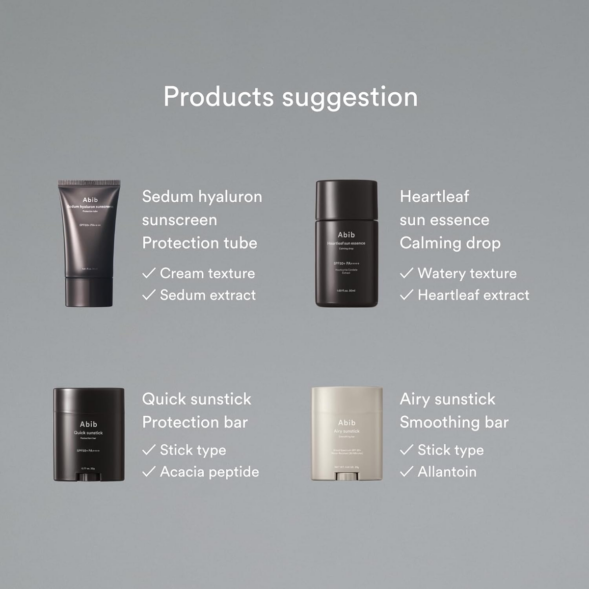 Abib skincare products with text "products suggestion"