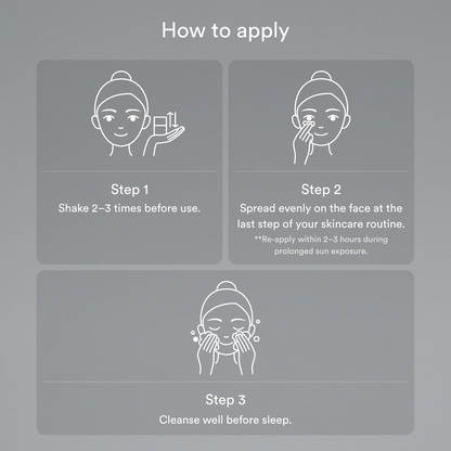 instructions to use Abib Sedum Hyaluron Sunscreen Protectiontube with icons