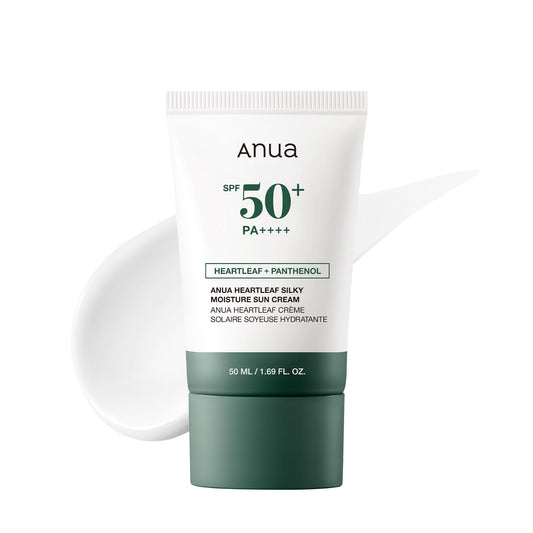 Anua Heartleaf Silky Moisture Sun Cream SPF50+ PA++++ 50ml Korean hydrating sunscreen with Heartleaf and Panthenol for daily UV protection and a smooth finish in UAE.