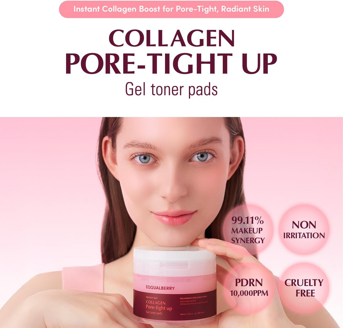 woman holding EQQUALBERRY Collagen Pore-Tight Up Gel Toner Pad jar 