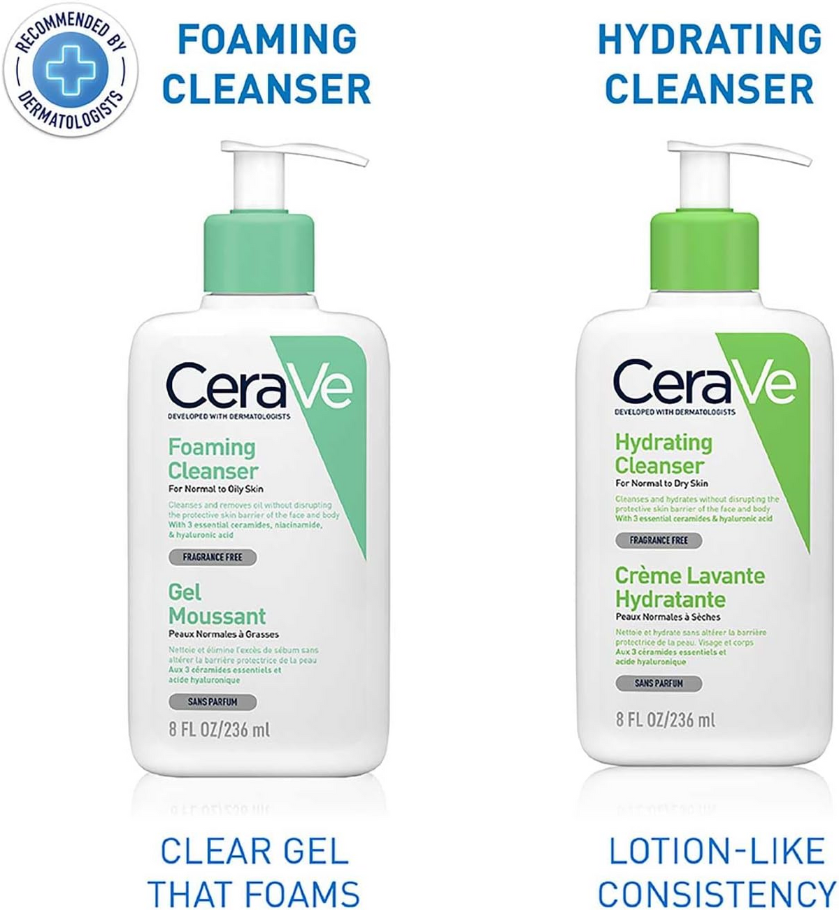 Two CeraVe cleanser bottles, one foaming and one hydrating