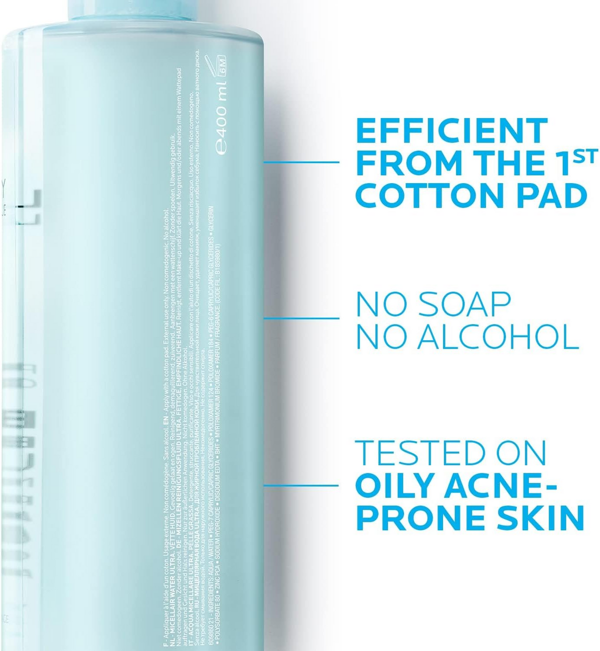 LA ROCHE-POSAY Effaclar Micellar Water Ultra bottle with text highlighting features