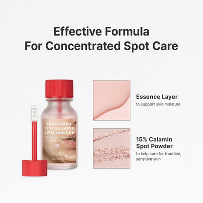 Dr. Althea 15% Calamine Spot Powder 15ml Korean acne spot treatment with Calamine, Salicylic Acid, and Centella Asiatica for blemish care, oil control, and redness reduction available in UAE.