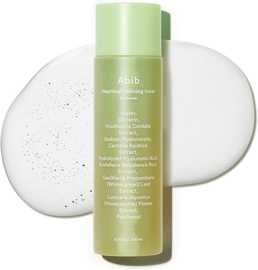 Abib Heartleaf Calming Toner Skin Booster bottle with product
