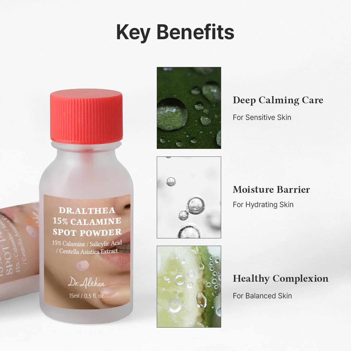 Dr. Althea 15% Calamine Spot Powder 15ml Korean acne spot treatment with Calamine, Salicylic Acid, and Centella Asiatica for blemish care, oil control, and redness reduction available in UAE.
