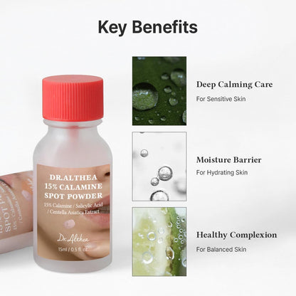 Dr. Althea 15% Calamine Spot Powder 15ml Korean acne spot treatment with Calamine, Salicylic Acid, and Centella Asiatica for blemish care, oil control, and redness reduction available in UAE.