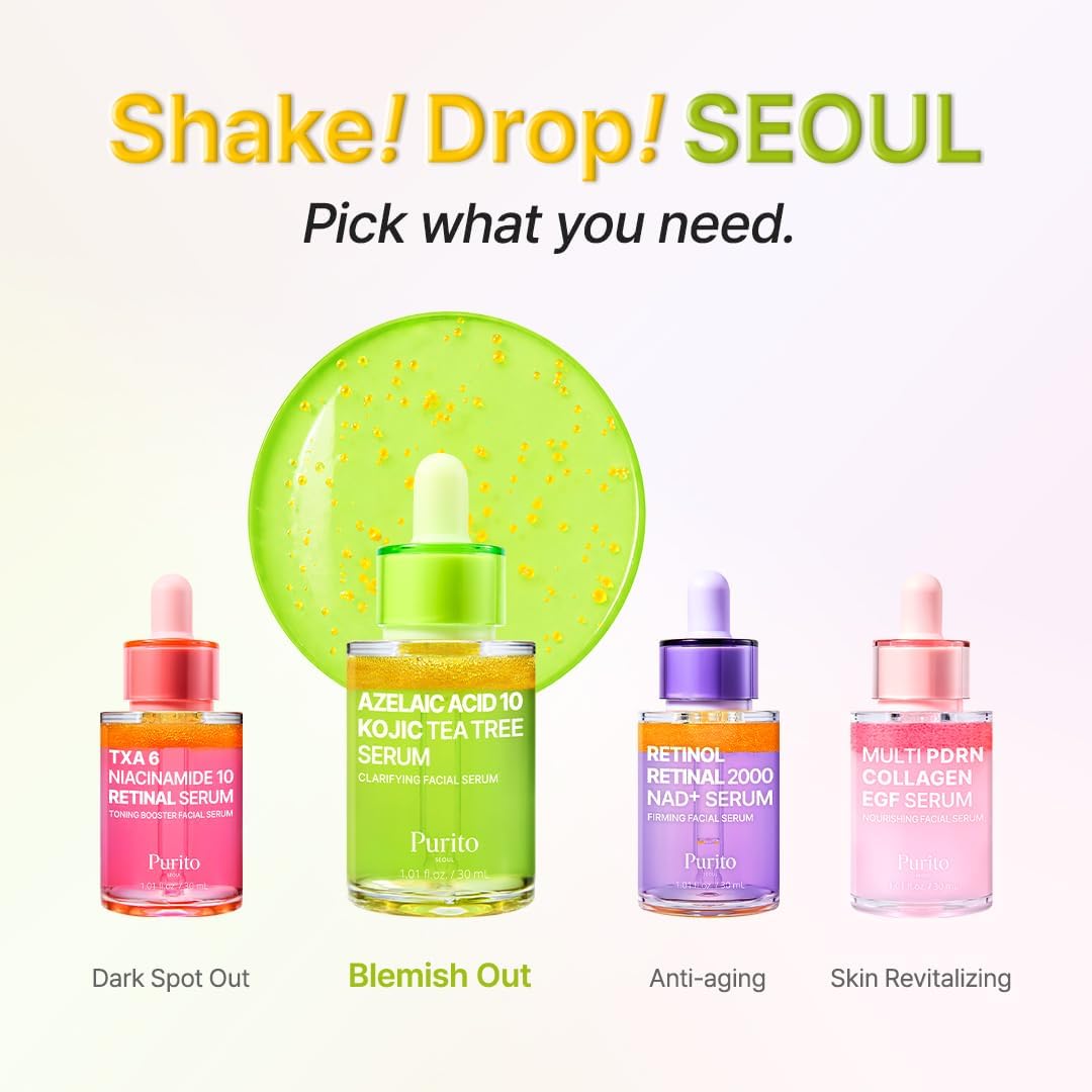 PURITO SEOUL Azelaic Acid 10 Kojic Tea Tree Serum 30ml clarifying Korean facial serum with 10% Azelaic Acid, Tea Tree Water, Kojic Acid and Niacinamide for blemishes, marks and uneven tone in UAE.