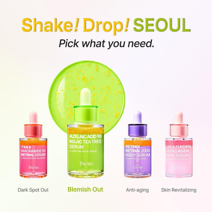 PURITO SEOUL Azelaic Acid 10 Kojic Tea Tree Serum 30ml clarifying Korean facial serum with 10% Azelaic Acid, Tea Tree Water, Kojic Acid and Niacinamide for blemishes, marks and uneven tone in UAE.