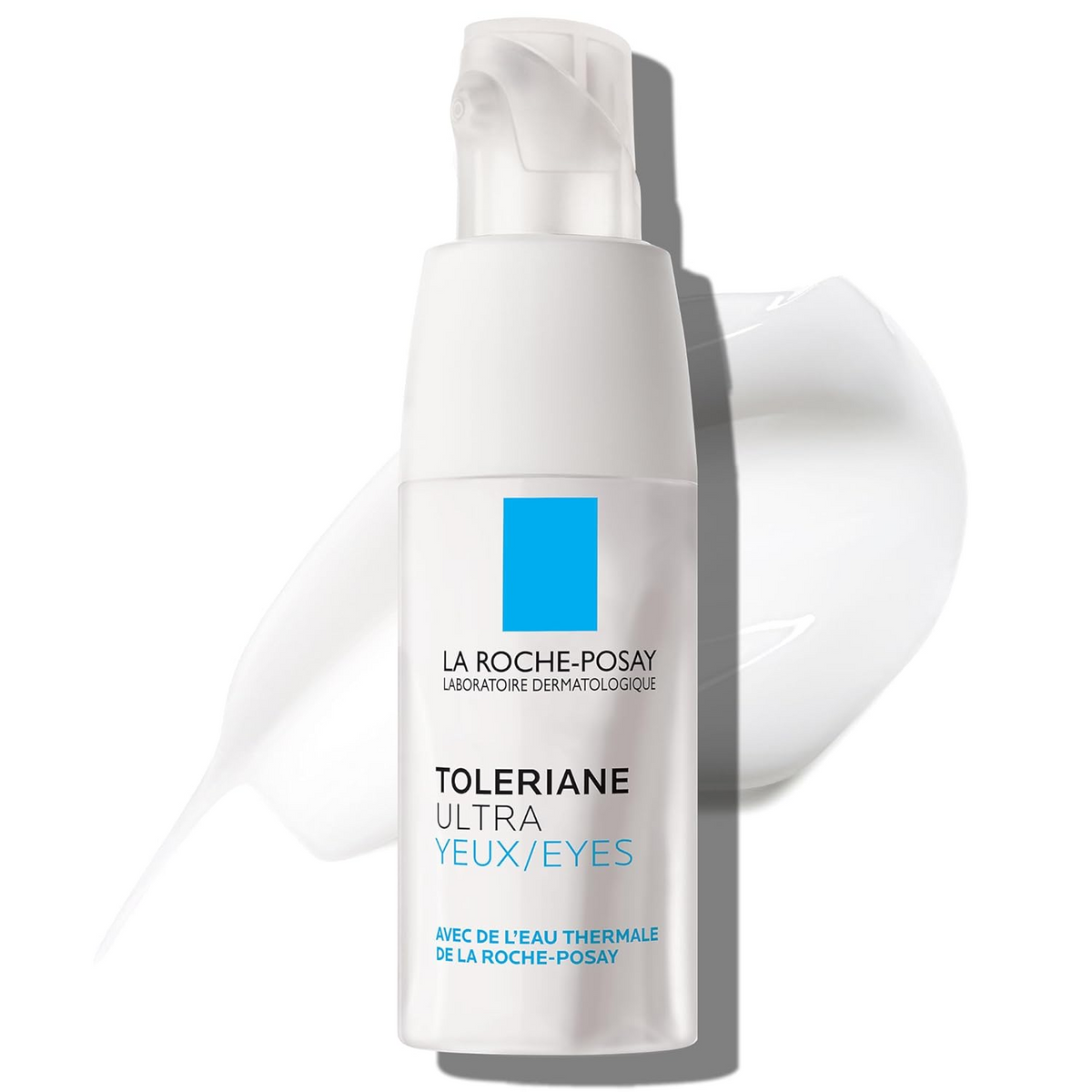 LA ROCHE-POSAY Toleriane Dermallergo Eye Cream with product swatch in the background