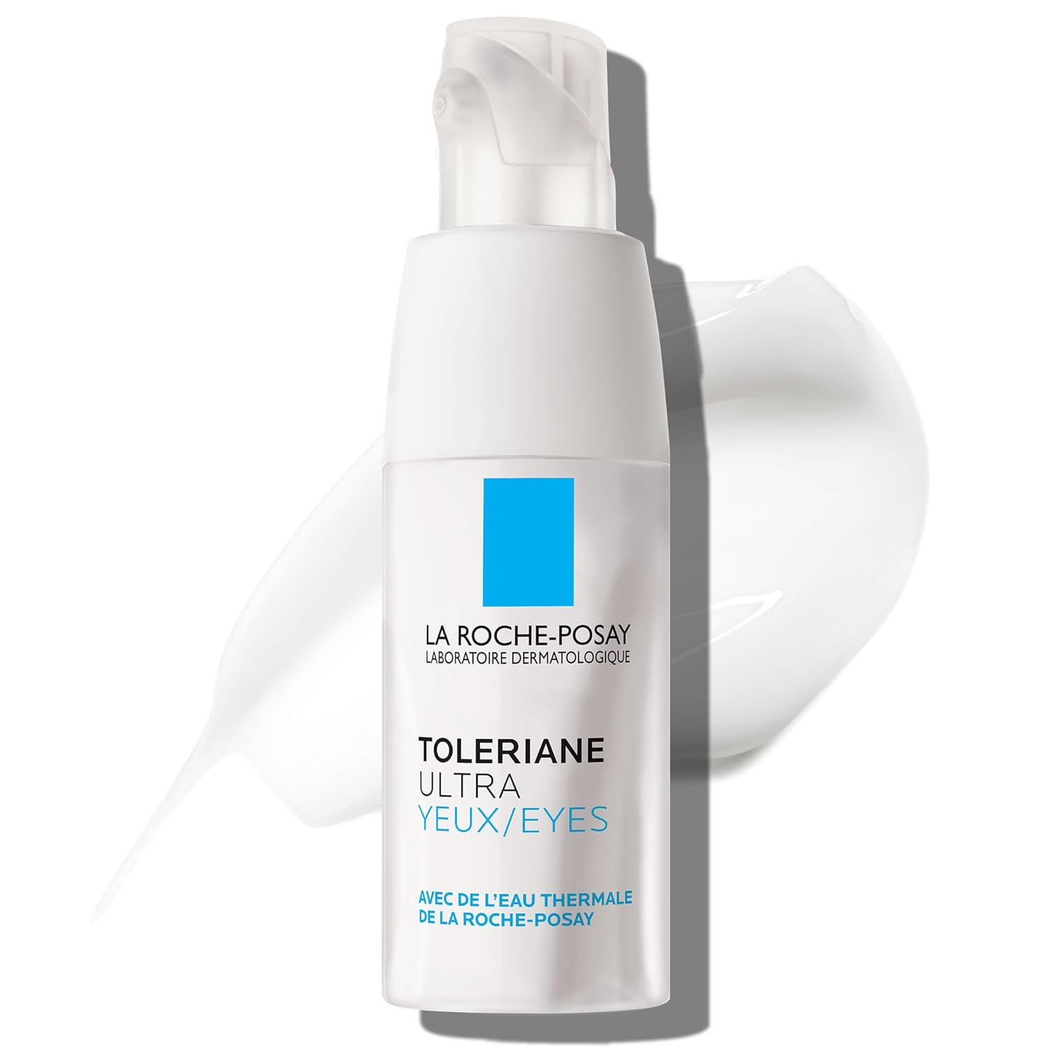 LA ROCHE-POSAY Toleriane Dermallergo Eye Cream with product swatch in the background
