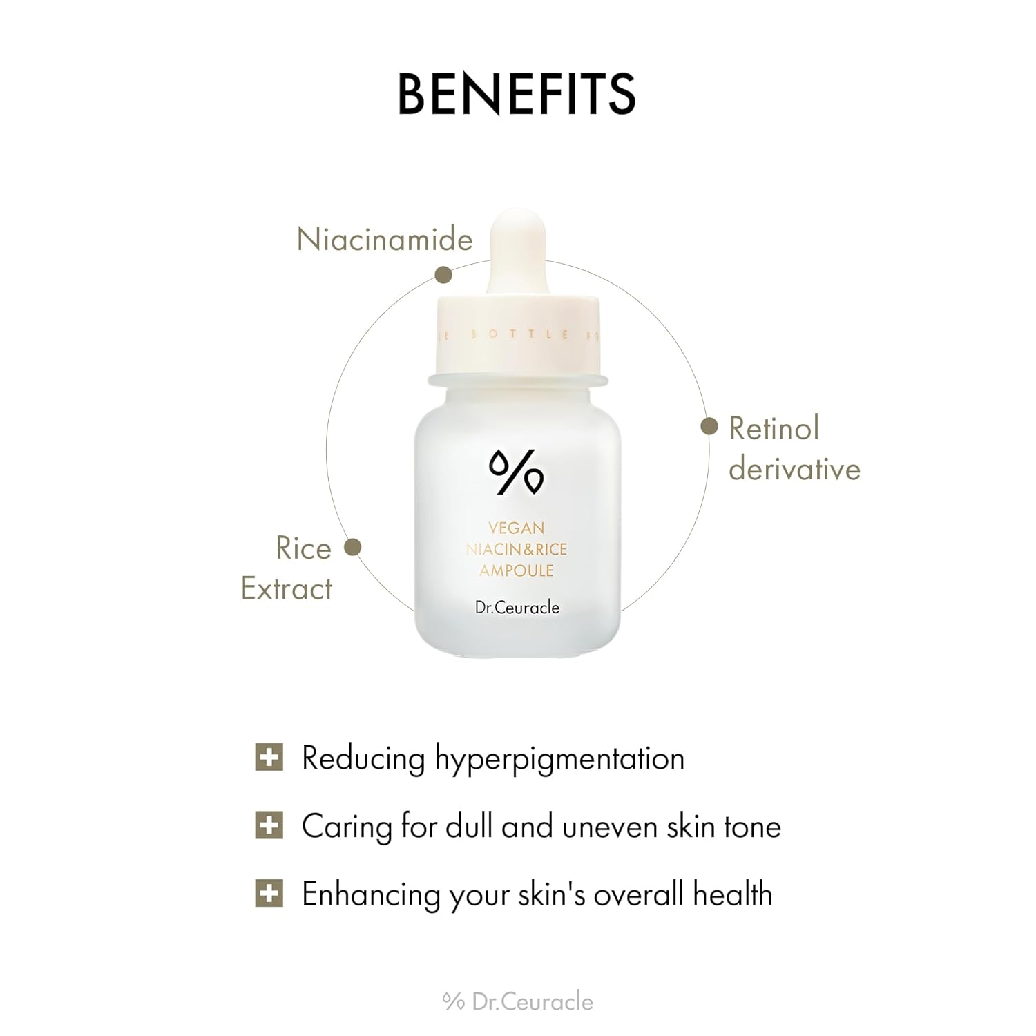Dr.Ceuracle Vegan Niacin & Rice Ampoule bottle with benefits labeled