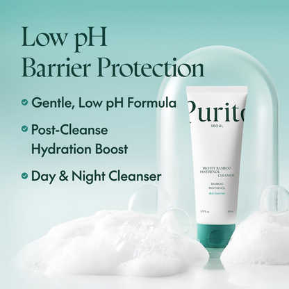PURITO Mighty Bamboo Panthenol Cleanser tube with foam on the surface
