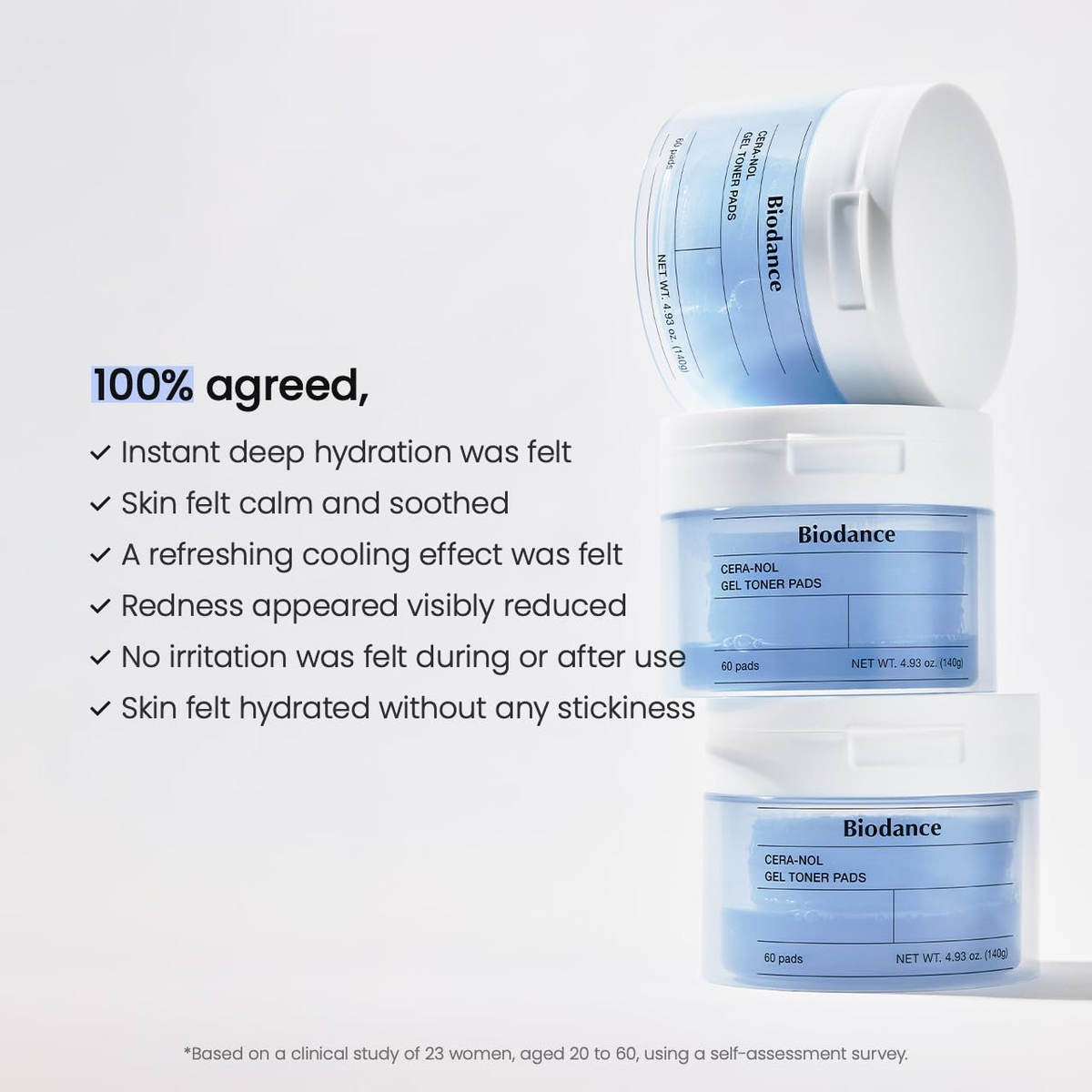 3 containers of BIODANCE Cera-nol Gel Toner Pads (60 Pads/140g) stacked on top of each other