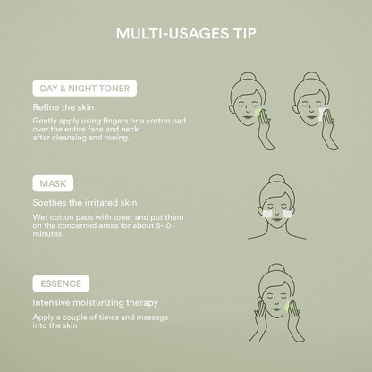 Instructions for using Abib Heartleaf Calming Toner Skin Booster with illustrations