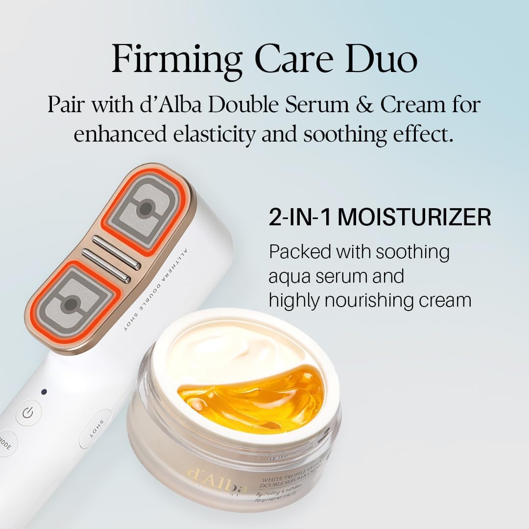 d’Alba Signature Allthera Double Shot Korean RF, dual-ultrasound and cooling beauty device for facial firming, contour care, elasticity and soothing home treatments in UAE.