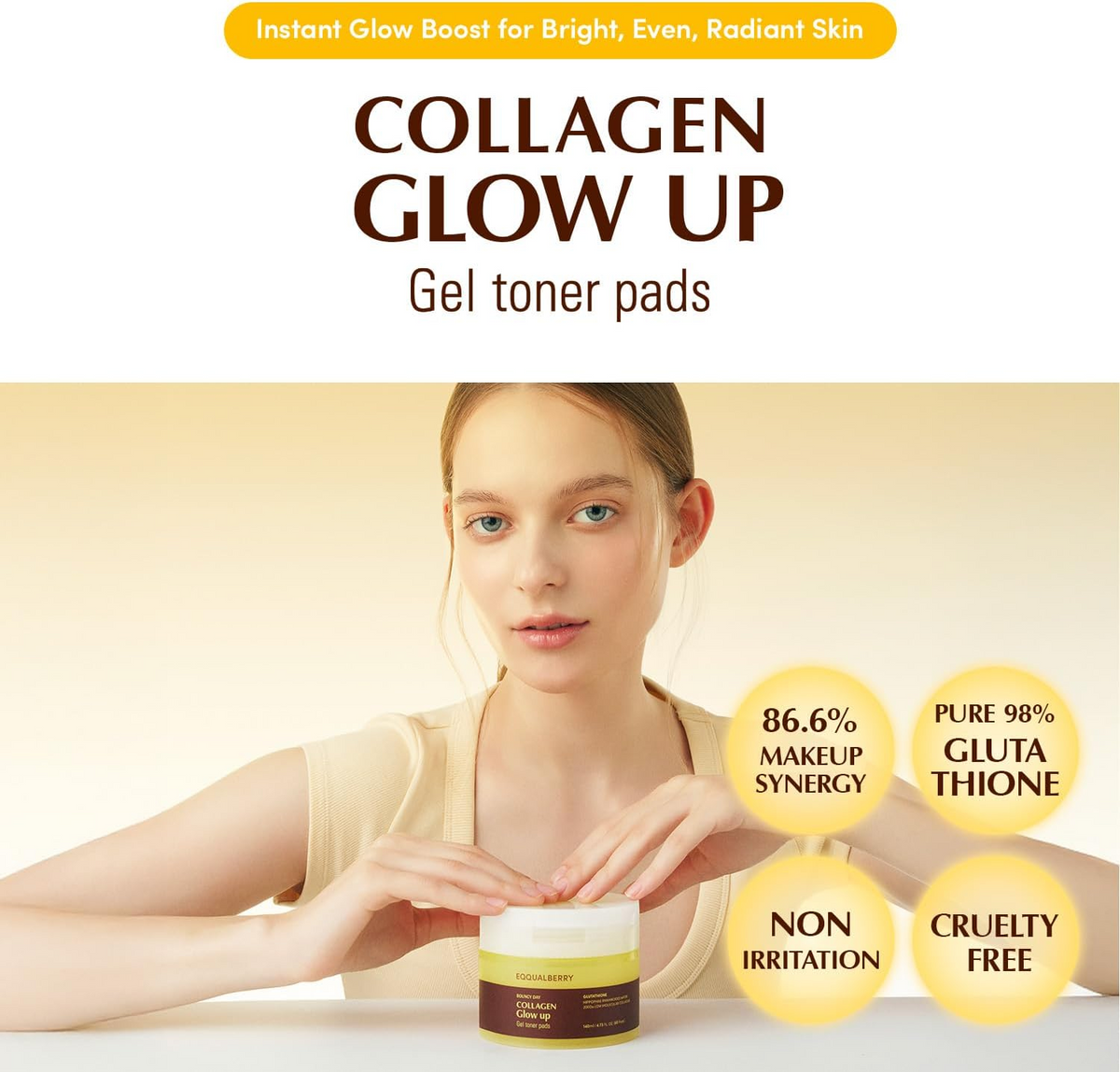 woman holding EQQUALBERRY Collagen Glow Up Gel Toner Pad jar