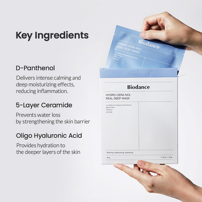 hand holding BIODANCE Hydro Cera-nol Real Deep Mask box