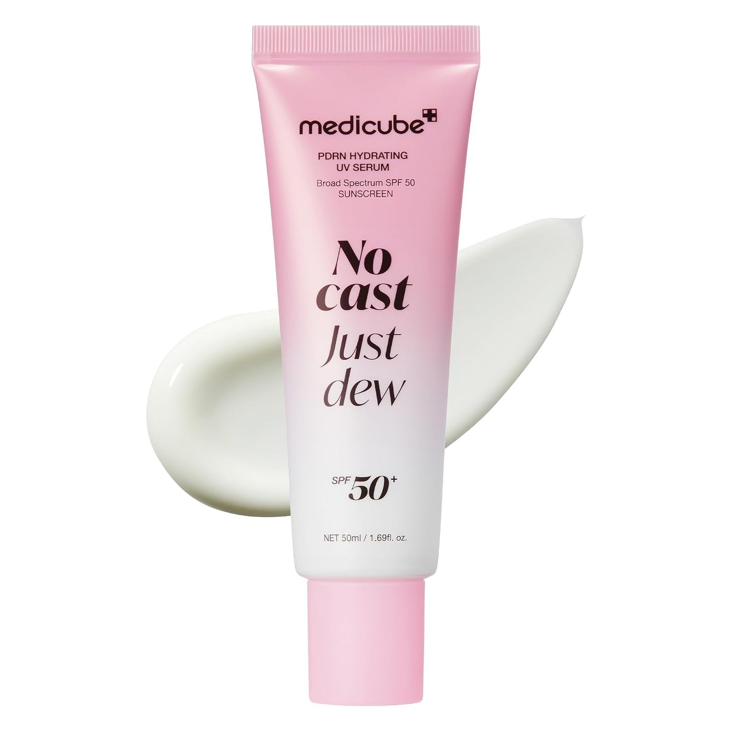 Medicube No Cast Just Dew UV Serum Sunscreen SPF50+ PA++++ with lightweight hydrating formula for broad-spectrum sun protection and a natural dewy finish without white cast.