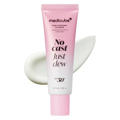 Medicube No Cast Just Dew UV Serum Sunscreen SPF50+ PA++++ with lightweight hydrating formula for broad-spectrum sun protection and a natural dewy finish without white cast.