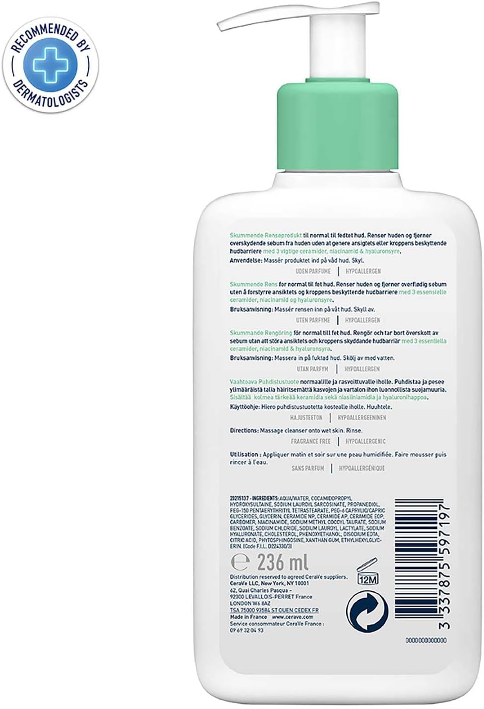 back side of CeraVe Foaming Cleanser for Normal to Oily Skin 236ml bottle 