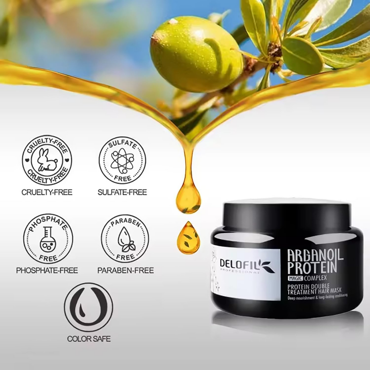 DELOFIL Protein Argan Oil Hair Mask 500mL jar container