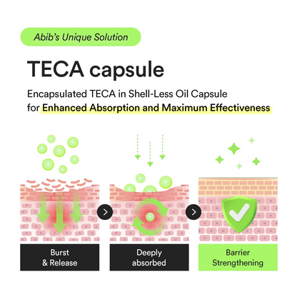 Diagram of TECA capsule absorption with text about Abib Teca Capsule Serum unique solution.
