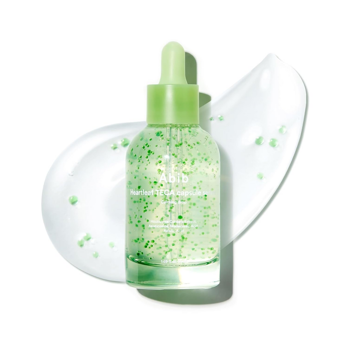 Abib Heartleaf Teca Capsule Calming Serum with product swatch in the background