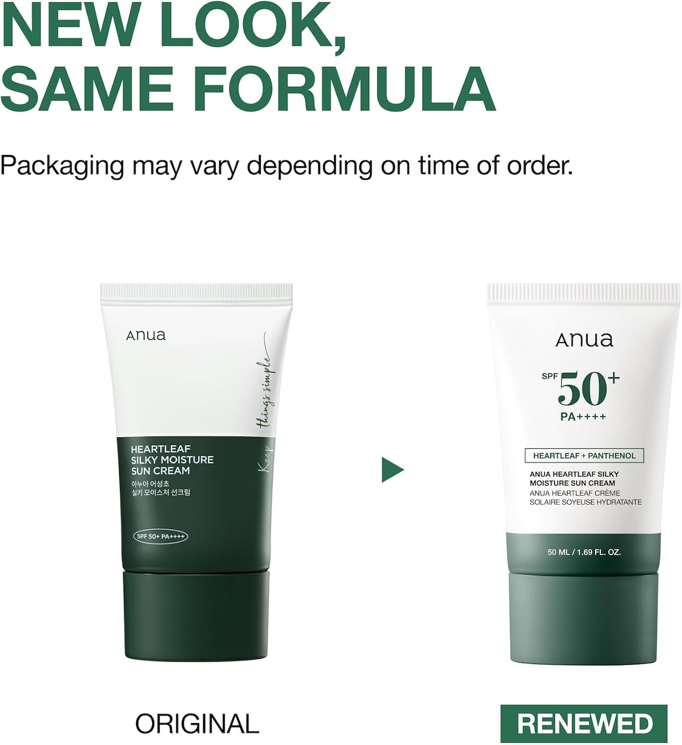 Anua Heartleaf Silky Moisture Sun Cream SPF50+ PA++++ 50ml Korean hydrating sunscreen with Heartleaf and Panthenol for daily UV protection and a smooth finish in UAE.