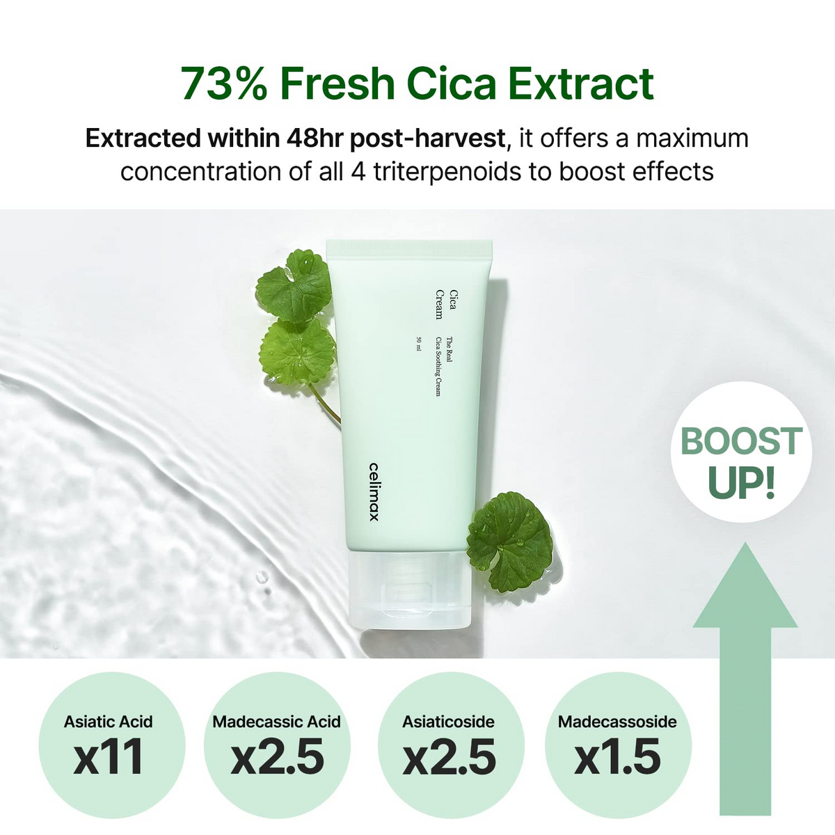 celimax The Real Cica Soothing Cream 50mL with fresh cica leaves beside it