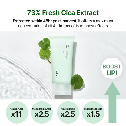 celimax The Real Cica Soothing Cream 50mL with fresh cica leaves beside it