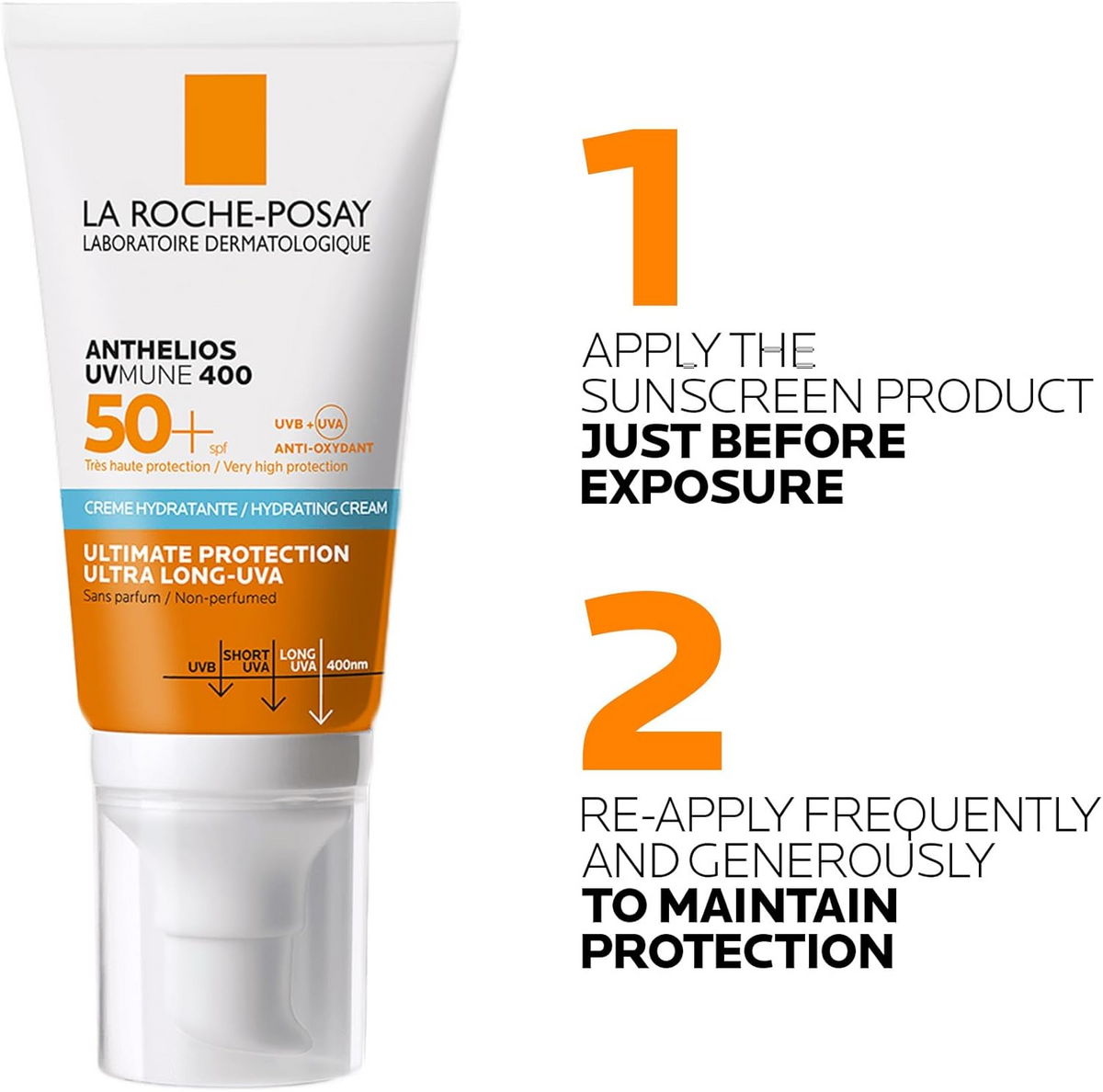 directions to use LA ROCHE-POSAY Anthelios UVMune 400 Hydrating Sun screen SPF50+ 50mL