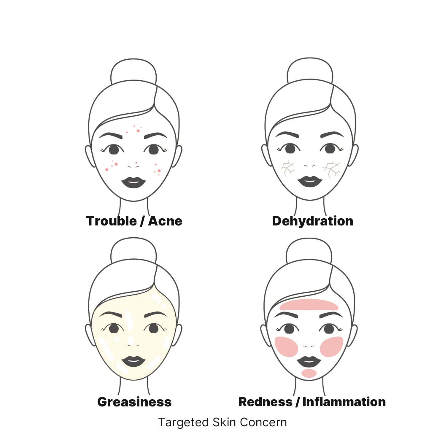 illustrated faces showing targeted concerns: acne, dehyderation, greasiness and redness