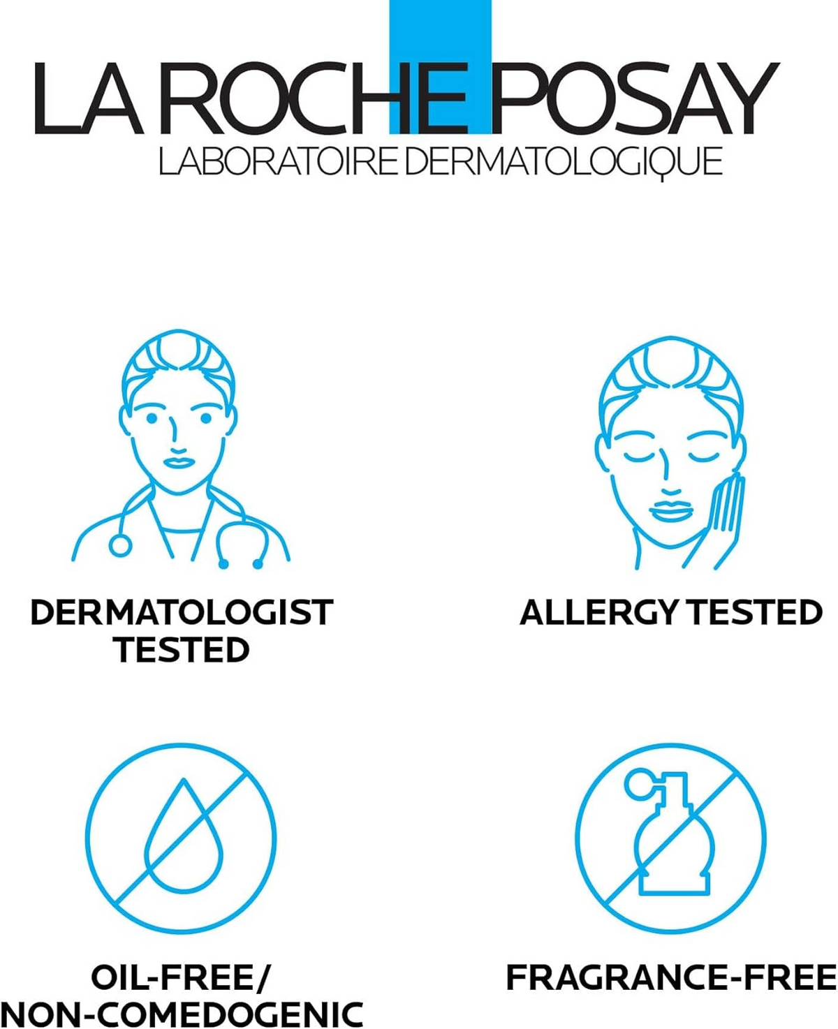 icons indicating dermatologist tested, allergy tested, oil-free, and fragrance-free 