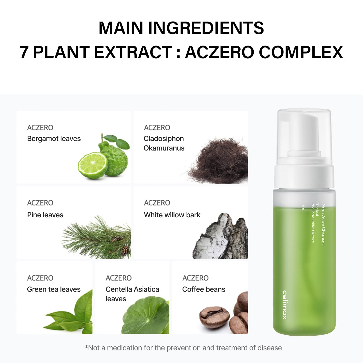 celimax Noni Acne Cleanser bottle with main ingredients.