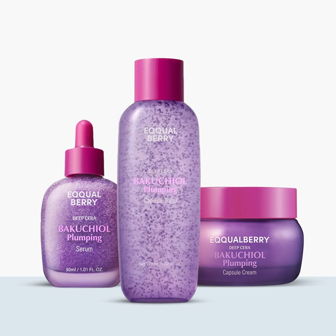 EQQUALBERRY bakuchiol plumping serum, capsule cream and capsule toner combo in purple color.