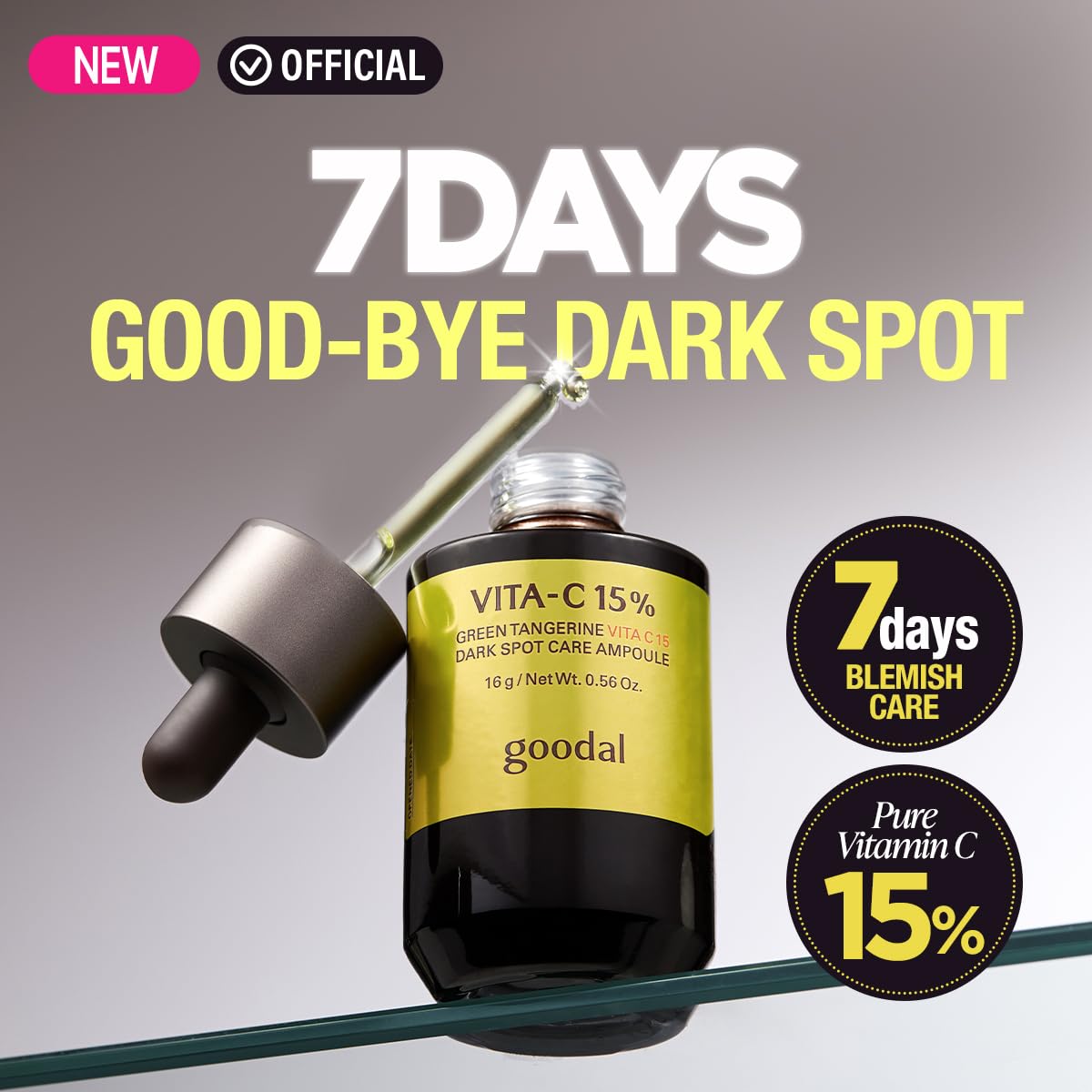 open bottle of Goodal Green Tangerine Vita C 15 Dark Spot Care Ampoule